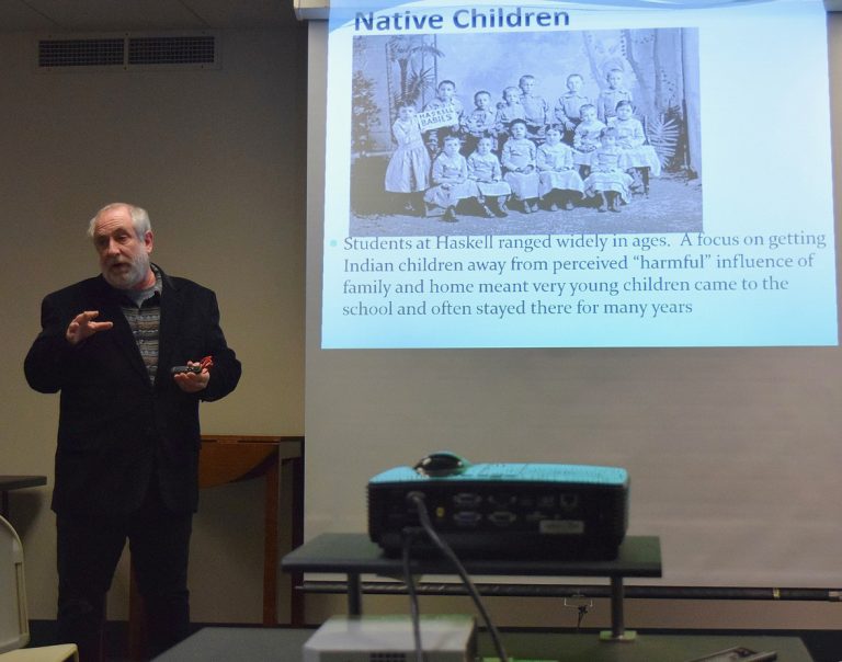 Dr. Eric Anderson, History professor from Haskell Indian Nations University, recently presented a free program at the library entitled “A History of The American Indian Boarding Schools”. Photo by Ursula Gof